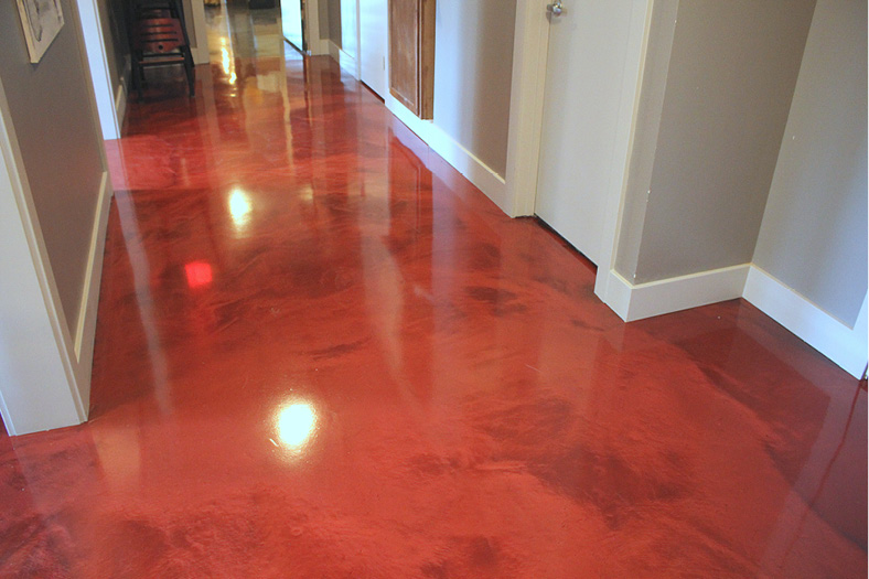 Red epoxy floor in a restaurant.
