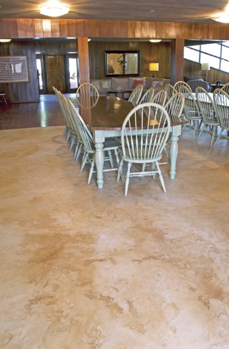 Table and Chairs in a dinning hall on a concrete floor with a self-leveler on the existing concrete floor.
