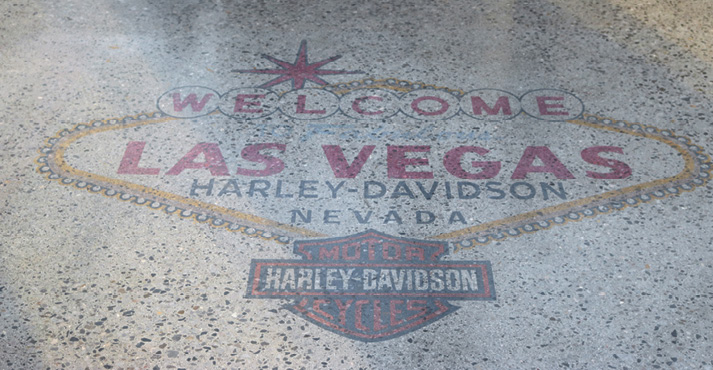 Harley Davidson logo on a polished concrete floor at Concrete Decor's Decorative Concrete Live at World of Concrete 2018.