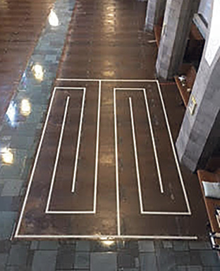 As part of resurfacing and staining a floor for a church in St. Louis, a prayer walk was installed. The feature is a labyrinth colored differently than the main floor in a pattern that included detailed lines as pathways to walk in prayer and meditation.
