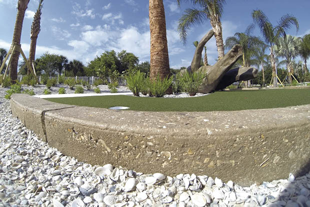 Seashell aggregate provides a connection to Floridas marine environment in these two installations by Edwards Bomanite  a miniature golf course (above) and a pool deck (right) in Orlando. Photo courtesy of Edwards Bomanite