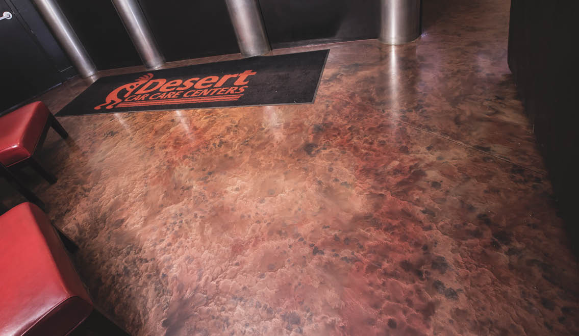 Mottle rust and black epoxy floor coating using metallics