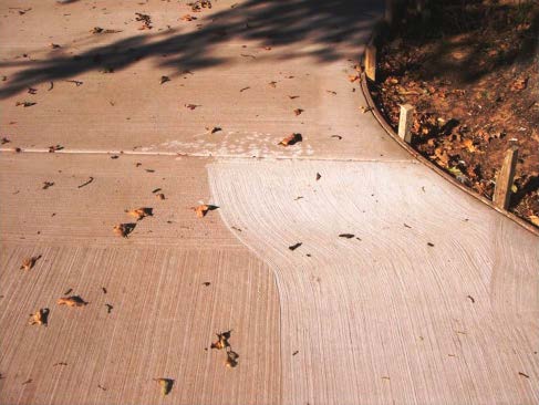 A broom finish is one of the most common and more difficult decorative concrete finishes to master. Seen here are the results of uneven brooming. Photo courtesy of Solomon Colors/Brickform