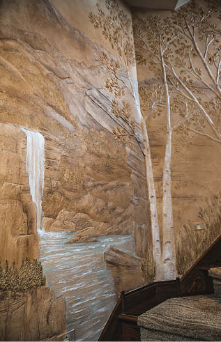 A large bas-relief wall leading up the stairs.