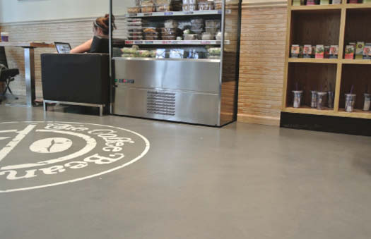 Dominick Cardone of Diversified Decorative Finishes in Brooklyn used Duraamens Skraffino concrete microtopping in The Coffee Bean, a New York City coffee shop. The floor was integrally colored with a custom blend of Duraamens Colorfast and coated with a clear water-based epoxy, followed by two coats of a water-based matte polyurethane with 240 mesh nonskid additive. 