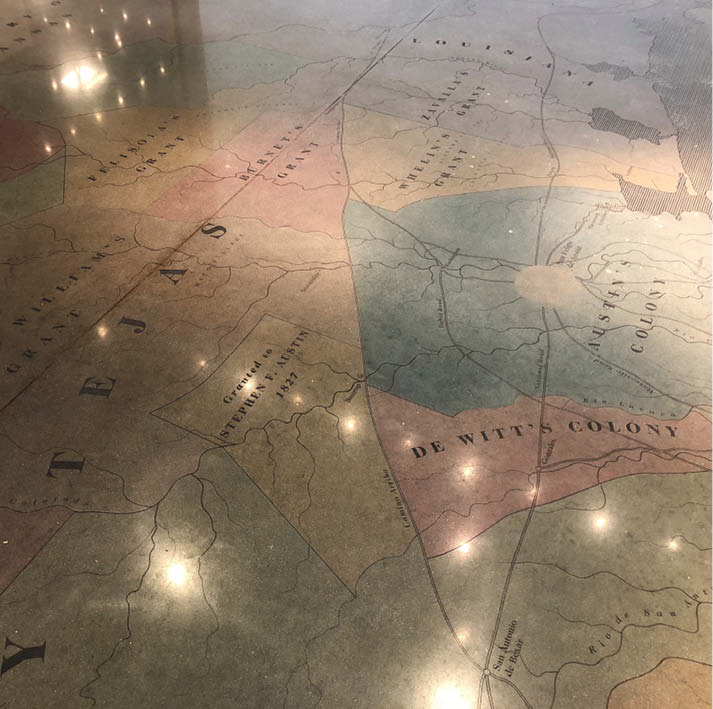 A stencilled map of Texas that includes San Felipe de Austin