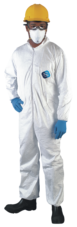 Extreme job sites require extreme protection, such as this combo, which includes a disposable protective coverall as well as eye and respiratory protection.