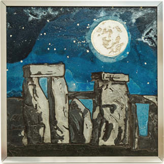 A depiction of stonehenge painting with a moon glowing above in concrete.