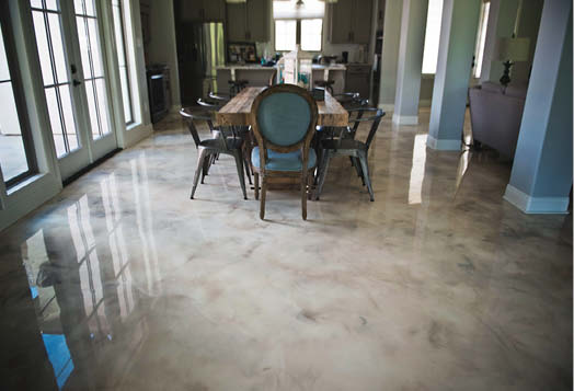 Marble-like concrete overlay look on dining room