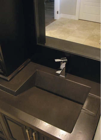 Wyndlow was also given a free hand to design another bathroom vanity for a custom home in Nanaimo, British Columbia, that was a conventional wet cast pour. The challenge was the local building code dictated it had an overflow.