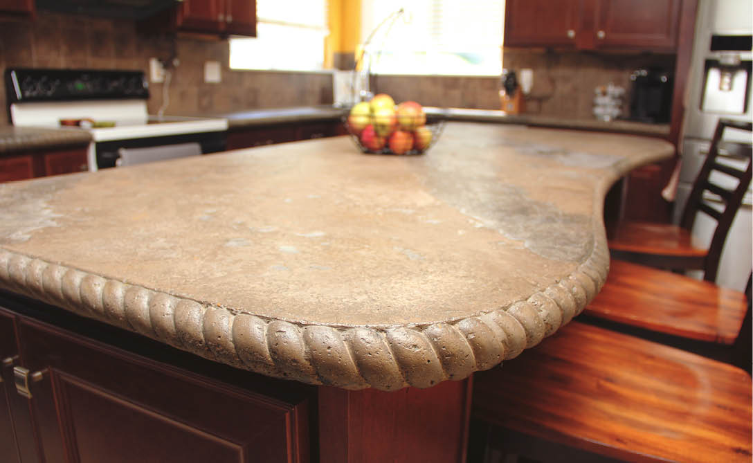 A concrete countertop with an edge that looks like braided rope.
