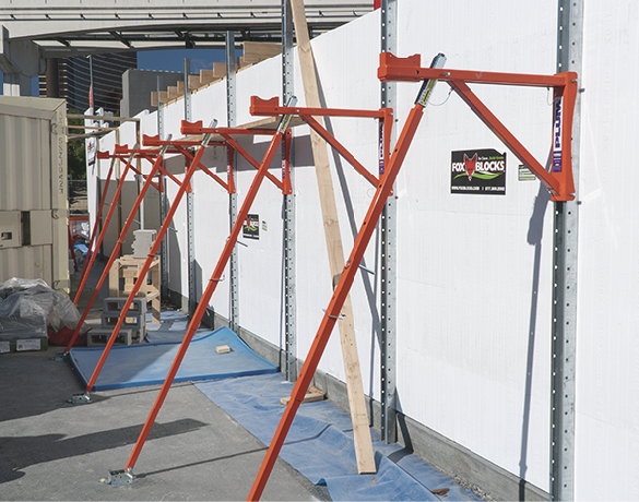 Braces were placed on the external walls of the ICFs as a precaution for the wind to help hold the pieces in place before their final application of concrete.