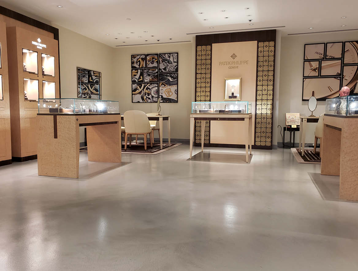 Sophisticated concrete floors using microtoppings in a high-end jewelry store