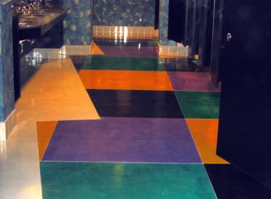polymer-modified cement floor in a geometric bright pattern