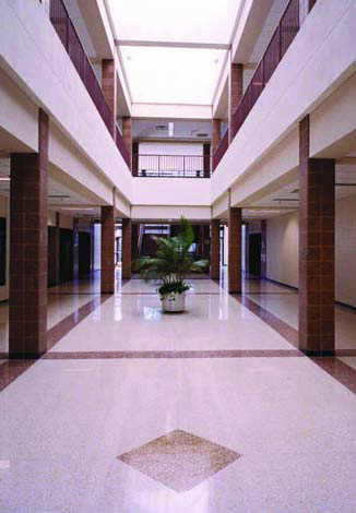 Epoxy terrazzo floor in a hallway of a hotel.