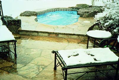 Snow melt systems have benefits on a pool deck to avoid the temperature change on feet when leaving the tub.