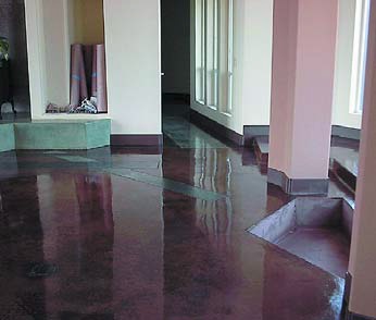Reflective concrete floor that has been acid stained 