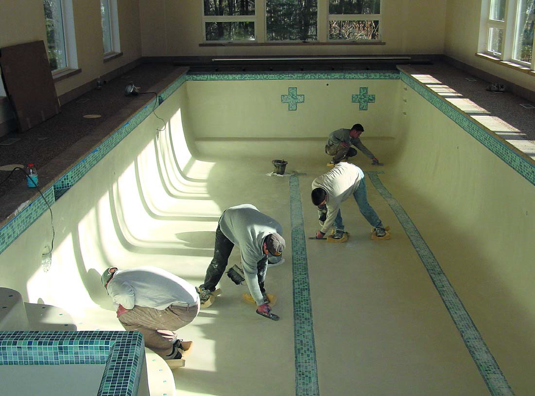 Pool contractors use metakaolin to make plaster more resistant to erosion and corrosive chemicals. The white additive brightens plaster and improves workability to reduce trowel burn and mottling. Photo courtesy of Engelhard Corp.
