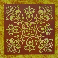 Square stenciled area on a floor in deep reds and golds appears to be a rug where there is not rug.