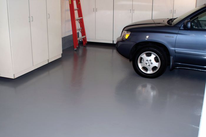 Garage Floor Coating Behrs 1-Part Epoxy Acrylic Concrete & Garage Floor Paint produces a finish that is highly resistant to chemicals, oil and gasoline, making it an ideal choice for interior or exterior concrete floors that are hard to keep clean.