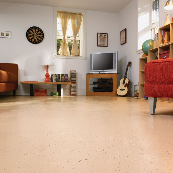 Epoxy floor coating in a family room is a good choice due to its durability.