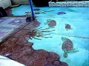 A sea scene on a concrete floor mimics a coral reef with sea turtles floating by.