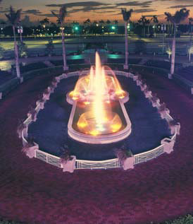 This fountain, located in Gulfstream Park in Hallandale Beach, Fla., is a 2,000-square-foot, cast-in-place concrete structure with cast stone coping and base, hand-painted tiles, and Pebble Tec waterproofing system. 