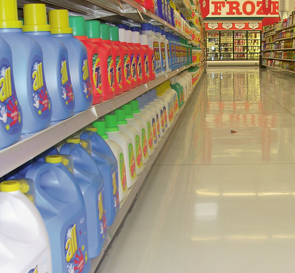 The laundry detergent aisle in a grocery store using silicates.