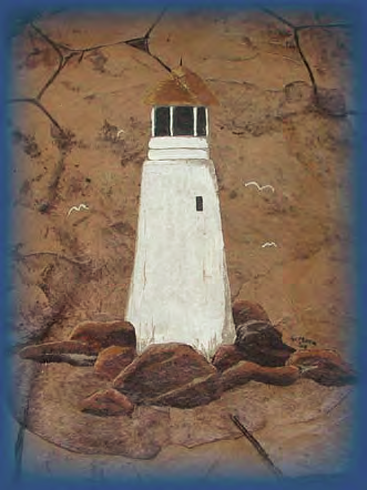 An upclose view of a lighthouse that was painted on the concrete patio.