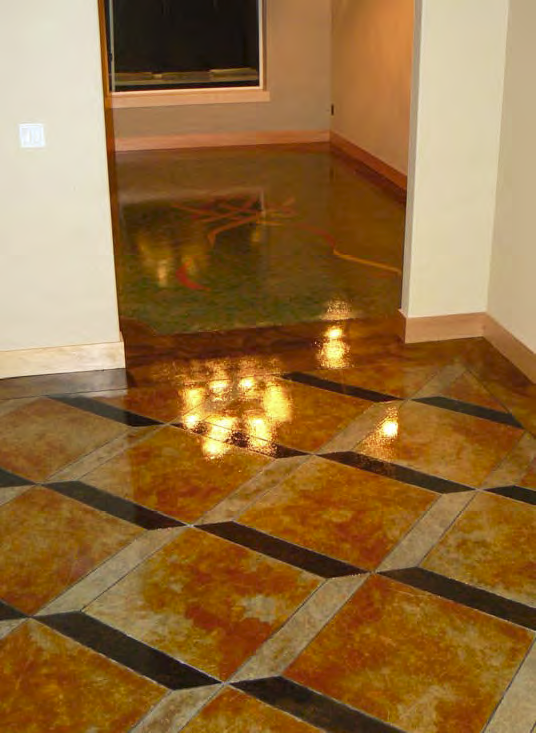 Nearly every floor in this concrete home had a unique finish. Here we see a stained concrete floor with a 3D effect.