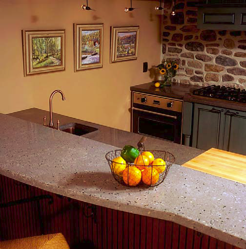 Kitchen countertop with bar and a curved edge.