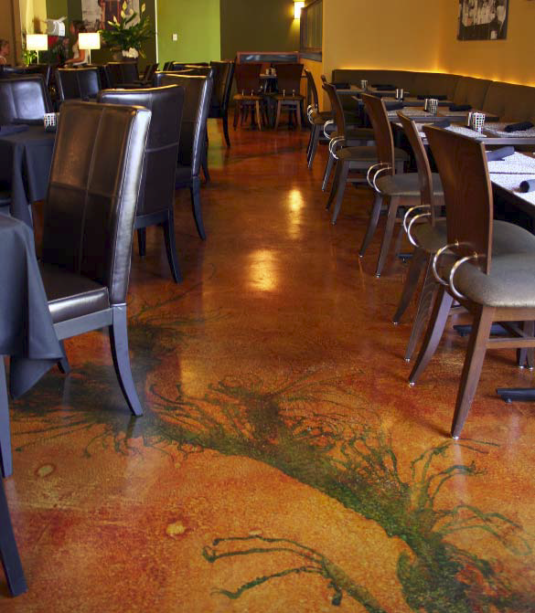 This dragon-tail restaurant floor was created with Butterfield Elements Water-based Stains, including Cordovan Leather for the floor and Verdigris for the dragon tail.