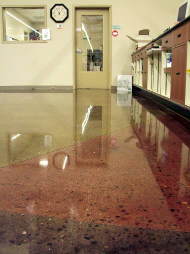 This polished concrete floor has been made to have a high-gloss and is sealed to keep it glowing.
