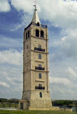 The tower is the centerpiece of Adriatica, a new residential development in McKinney, Texas, built to look like a 15th century seaside Croatian village. The 128-foot structure is modeled after one in Supetar, Croatia, and has three working bells.