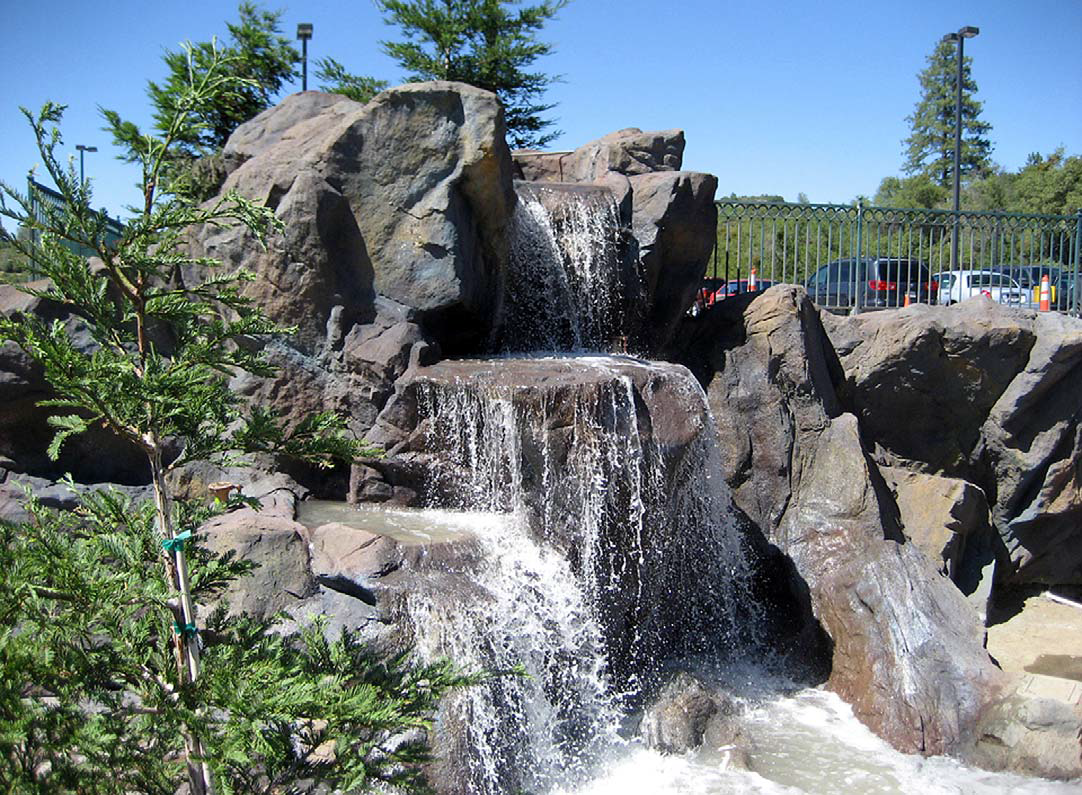This three-tiered waterfall at the Jackson Rancheria Casino & Hotel in Jackson, Calif., spills into a whitewater stream that flows to a large pond.