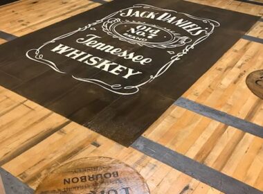 A concrete floor made to look like a whiskey barrel