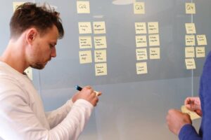 2021 marketing plan - a man with post-it notes is planning for the year ahead