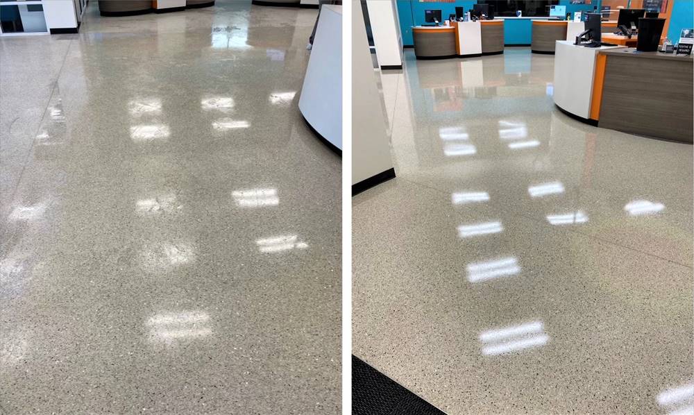 before and after shots of a floor that has been coated with a urethane coating for durability