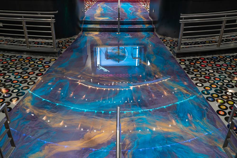 Blue purple and gold epoxy create a party like look inside the Hard Rock Casino in Las Vegas.