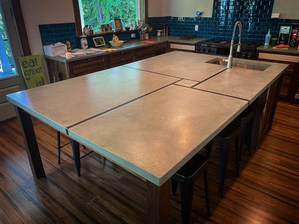 kitchen concrete countertop with metal detailing