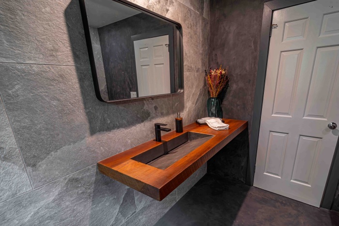 woodform floating vanity, bathroom countertop, concrete countertop, concrete sink, mgo board