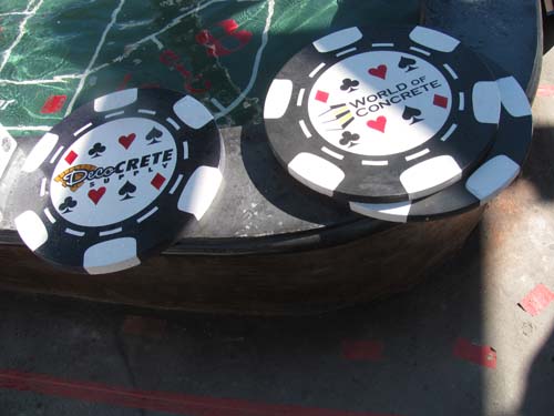 Larger than life poker chips made of concrete.