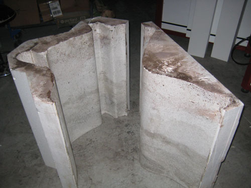 A picture of the foam that has been cut for the structure of the concrete chair.