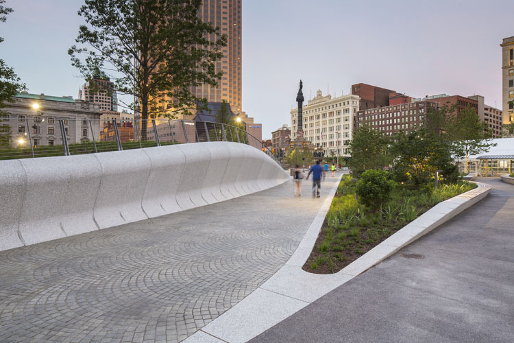 The Cleveland Public Square boasts stamped concrete and a plethora of green space
