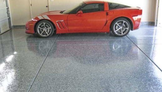 Garage Floor coating by Vexcon and a Corvette parked on it.