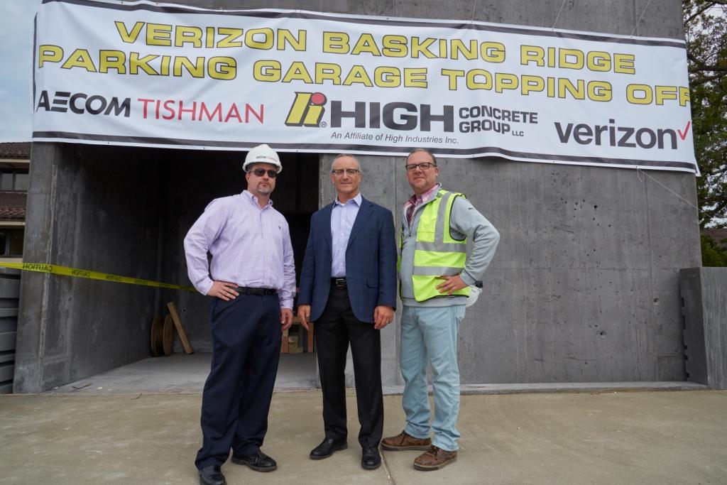Pictured at the Topping Off Celebration of the Verizon's Basking Ridge, NJ Headquarters Parking Garage are, left to right: Steve Parsons, Vice President, Tishman Construction Corporation; Joseph A. Rossi, Executive Director, Global Real Estate; and Robert Pabst, Vice President of Sales and Marketing, High Concrete Group LLC.