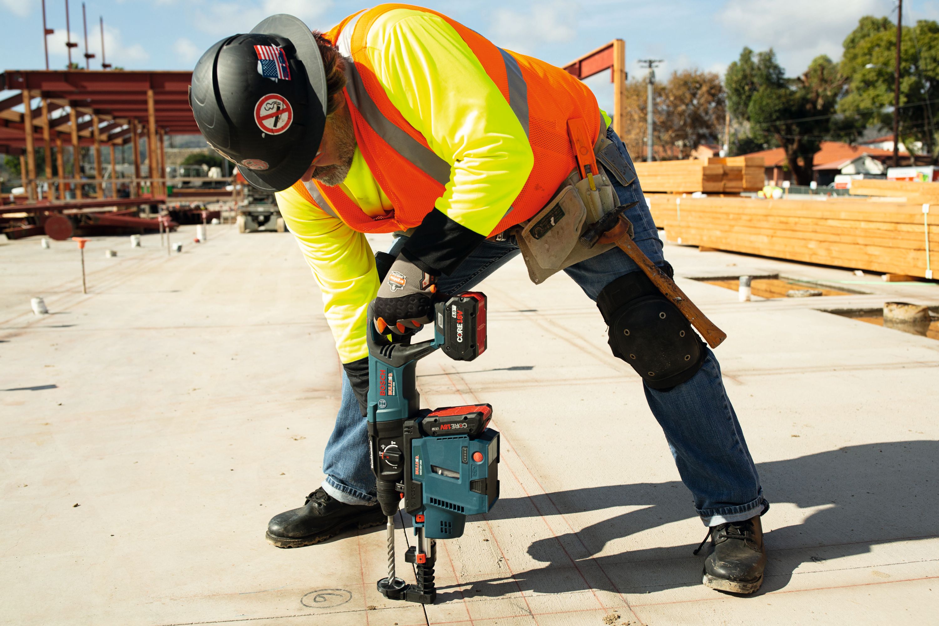 The Bosch GBH18V-26D Bulldog rotary hammer features a variable-speed reversing trigger for accurate bit starting.
