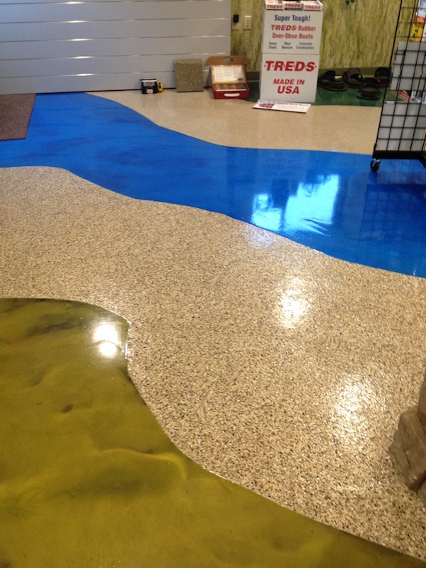 blue epoxy floor with chip epoxy