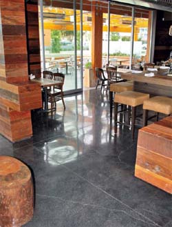 Charcoal gray concrete floor with wood accent walls.