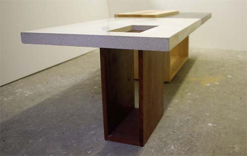 Two tone concrete coffee table, wood base, wood and concrete table top